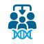 Icono azul con familia de padres e hijo en el centro de ambos. Debajo de la familia una cadena de ADN, simbolizando un árbol genealógico